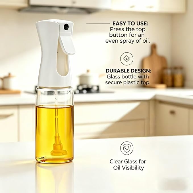 Olive Oil Sprayer for Cooking, 220ml Glass Oil Dispenser | Kitchen Gadgets, Food Grade Premium Clear Spray Bottle, for Salad, Frying, BBQ