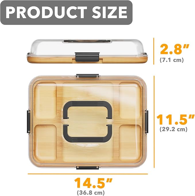 SpaceAid Charcuterie Board with Clear Lid, Portable Travel Cheese Cutting Boards for Picnic Accessories, Bamboo Serving Tray with Lids, House Warming Gifts, Black Handles, 5 Compartments