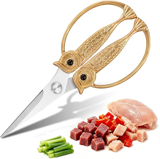 XSNBRD All Purpose Kitchen Scissors, Pearl Gold Stainless Owl Shears. | Elegant pearl gold coating,sharp rustproof blades,owl-shaped comfort grip,easy wash,perfect cooking gift for family.