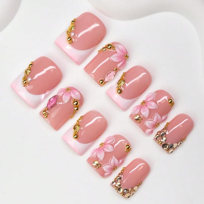 10 Pcs Flower Press on Nails Handmade Short Fake Nails 3D Pink White Flower Designs Rhinestone French Tips False Nails Press ons with Charms Designs Thick Square Acrylic Stick on Nail for Women (S)
