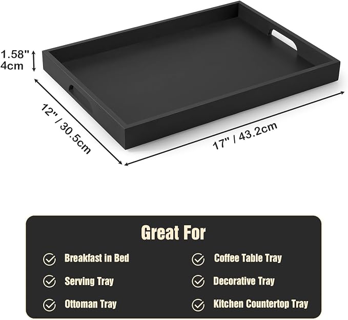 17 Inch Wood Serving Tray with Handles - Large Wooden Tray for Ottoman, Breakfast in Bed, Dinner, Coffee Table - Black Rectangular Tray for Living Room Bedroom Entryway and Kitchen