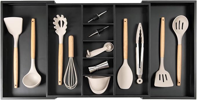 Utensil & Junk Drawer Organizer, 19-33 in, Black Bamboo | Food-safe contract grade, 100% sustainable wood, non-slip, adjustable
