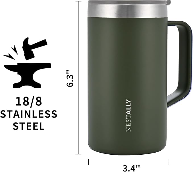 NESTALLY Cozy 20oz Insulated Coffee Mug with Handle & Lid, Olive Green | Stainless Steel Double Wall Vacuum Travel Mug for Hot & Cold Drinks, Reusable Coffee Tumbler, Non-Slip Base, BPA-Free