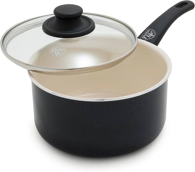 GreenLife 2.5QT Ceramic Nonstick Saucepan with Glass Lid, Black | PFAS-Free Nonstick Coating, Multipurpose Cooking Pot, Milk Pan, Soup Pot, Stay-Cool Handle, Dishwasher & Oven Safe up to 350F