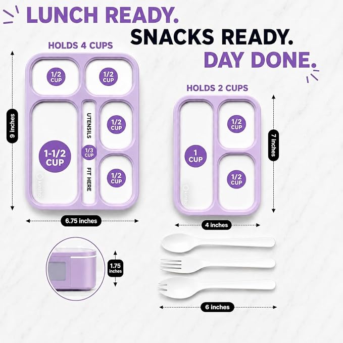 Bento Lunch-Box and Snack Container Set for Kids, 6 and 3 Compartment Boxes Leakproof School Bentos Meal Portion Control Containers BPA Free, Boys Girls Adults, Purple Lilac Large + MINI 2 Pack