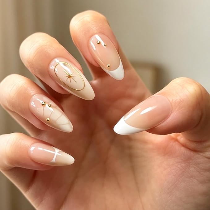 Press on Nails, 6 Packs (144 Pcs) Short Almond Sets, Cute 3D Bow French | 6-Style 12 Sizes, Glossy, Salon Quality, Reusable Full Cover, White Polka Dot Star Chrome Fake Nails