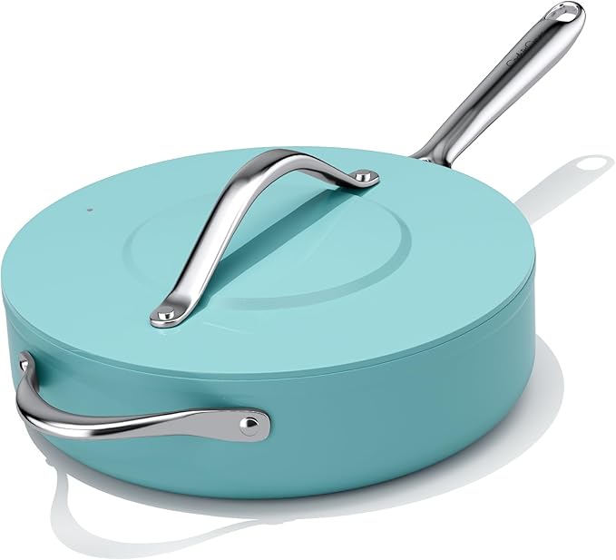 CookinCraze Premium Ceramic Sauté Pan with Lid, 4.5 QT Nonstick Deep Pan | for Healthy Cooking, PFAS & PTFE Free, Induction Compatible, Oven Safe up to 500°F, Stay-Cool Handle, Caribbean Blue