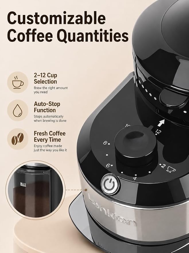 Coffee Grinder - Lonkion Electric Burr Coffee Grinder with 28 Grind Settings - Anti-Static Coffee Bean Grinder for Espresso, Drip, French Press - 2-12 Cup Adjustable - Stainless Steel - Gloss Black