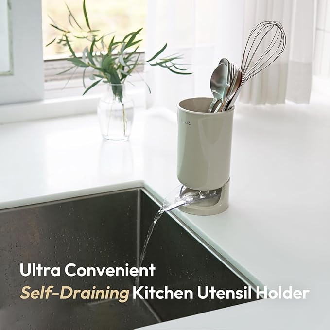 Self-Draining Utensil Drying Holder - Beige | Small Utensil Cutlery Flatware Silverware Holder Drainer Cup for Kitchen Counter