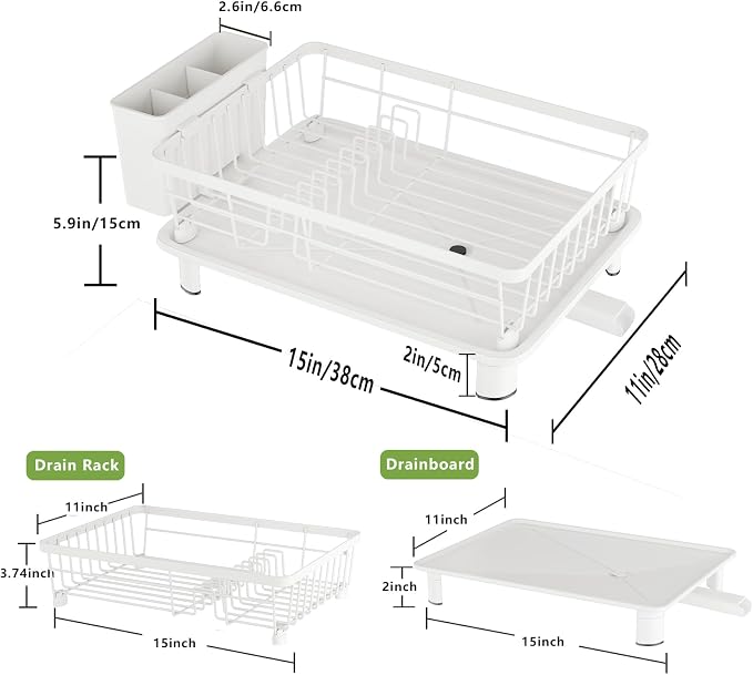 Dish Drainer Rack with Drip Tray, Sink Dish Drainer with Drainage Spout, Stainless Steel Dish Drying Rack with Cups, Utensil & Cutting Board Holders for Kitchen Counter Space-Saving, White