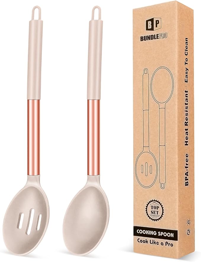 BUNDLEPRO Silicone Cooking Spoons for Non Stick Cookware, 2 Pack | Rose Gold Khaki, Heat Resistant, Large Kitchen Spoons for Mixing, Serving, Draining, Stirring