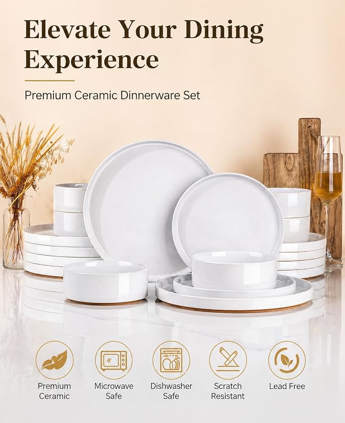 AmorArc Stoneware Dinnerware Sets for 4,12Pcs Plates and Bowls Set | Handmade Ceramic Dish Set,Dishwasher & Microwave Safe,Scratch Resistant-White