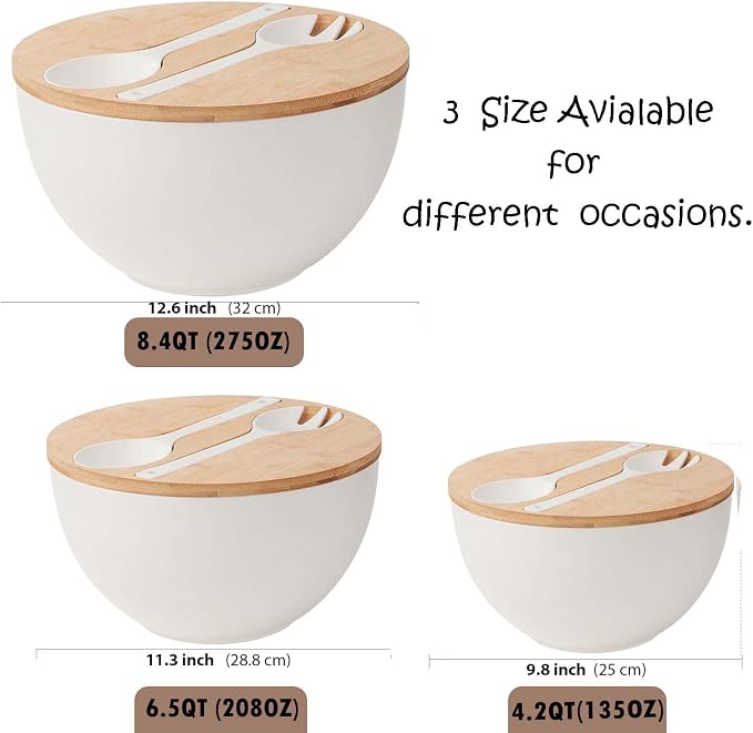 11.3" Extra Large Salad Serving Bowl Set with Wooden Lid&Utensils, 6.5Qt., Bamboo Fiber Salad Bowl with Servers for Kitchen, Lightweight Big Bowl for Mixing Salad,Fruit,Pasta - Matte White