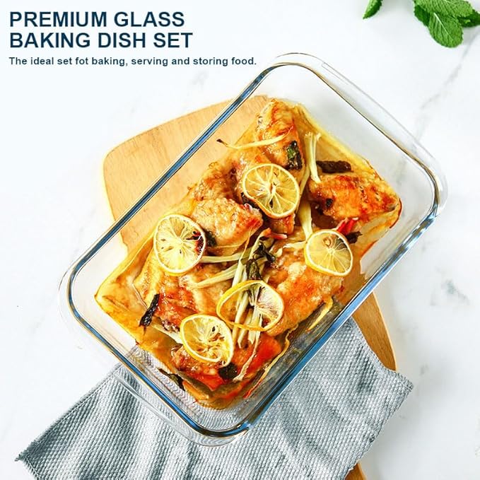 M MCIRCO 8 Piece Deep Glass Baking Dish with Lids, BPA free, Green | Rectangular Glass Bakeware Set, Baking Pans for Lasagna, Casserole Dishes, Microwave, Oven, Freezer, Dishwasher