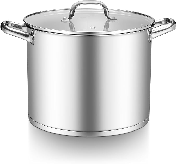 TeamFar Stainless Steel Stock Pot, 14QT Tri-ply Bottom Large Stockpot | Cooking Soup Pot with Lid, for Induction Gas Electric Glass Tops, Non Toxic & Sturdy, Straight Side & Various Stovetops Safe