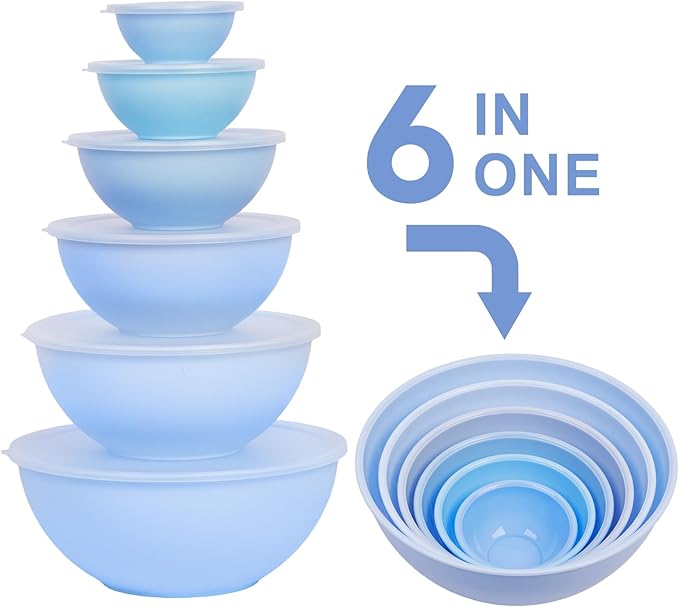 BoxedHome BPA Free Plastic Round Mixing Bowl with Lids, 12 Pack Nesting Bowls with Lids Set, Microwave and Dishwasher Safe Prep & Serving Bowls Great for Mixing, Baking, Serving (Pale Blue, 12pcs)