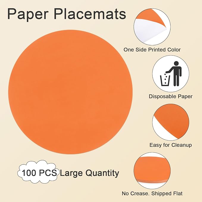 SHACOS 100 PCS Round Paper Placemats 13 inch Disposable Fall Place Mats for Dinner Wedding Birthday Party Festival Table Decoration Indoor Outdoor, Orange (Pack of 2)