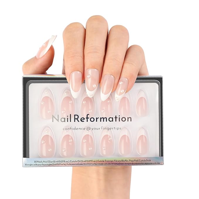 Nail Reformation Press On Nails, Sugar-Coated Pink Medium Almond Fake Nails | French Tip with 3D Pearls in a Glossy Finish, Reusable Stick On Nails in 15 Sizes - 30 False Nail Kit for Women Gifts