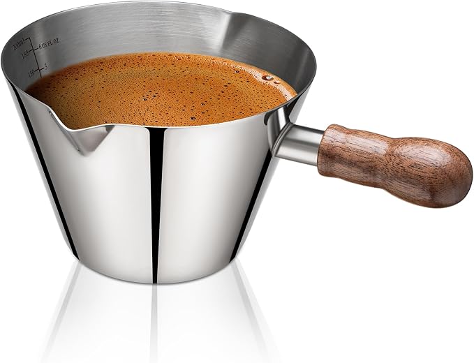 Amrules Espresso Cup, 6.8 oz/200 ml Stainless Steel Coffee Shot Measuring Cup with Wood Handle, Double V-Shaped Mouth and Clear Scale for Cappuccino Barista Coffee Bar Accessories, Silver