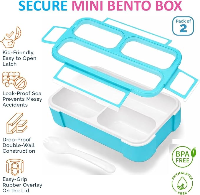 kinsho Small Snack Box Containers for Kids Toddlers, Pink Blue, Set of 2 | 3 Compartments, Leak-Proof, Spill Proof, BPA-Free Reusable Mini Bento Lunch Box for Girl & Boy Daycare School, Holds 2 Cups