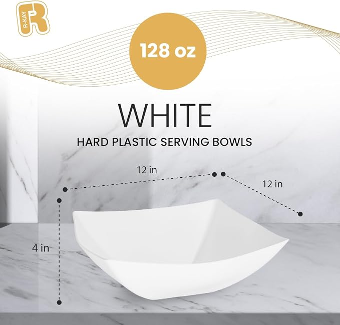 R-kay 6 Pack Square Extra Large Plastic White Serving Bowls -128 Oz White Plastic bowls - Salad Bowls Large Serving, Premium Heavy Duty For Weddings Catering And Birthday parties