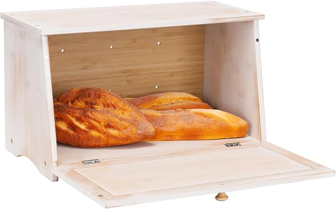 HOMEKOKO Vintage Wood Bread Box for Kitchen Counter, Food Storage Bin,White | Retro Farmhouse Style, Holds 2 Loaves, Breathable Design Keeps Bread Fresh For 3–4 Days, Suitable For Rustic/Vintage Kitchen