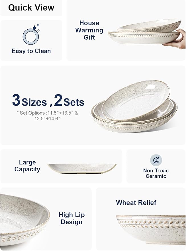 LE TAUCI Ceramic Serving Bowls Set of 2, Large Oval Serving Dishes for Entertaining, 11.8 & 13.5 Inch Salad Bowl for Kitchen Counter, Fruit Bowl, Pasta Bowls, Microwave and Dishwasher Safe - Birch