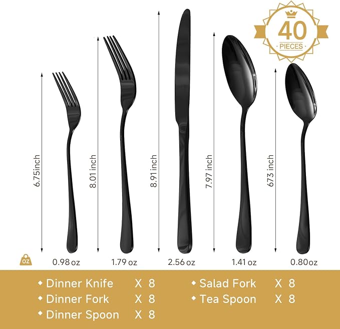 18/10 Stainless Steel Black Silverware Set for 8 | 40 Piece Heavy Duty Flatware Utensils Set | Mirror Polished | Dishwasher Safe | Premium Cutlery for Home Kitchen Wedding
