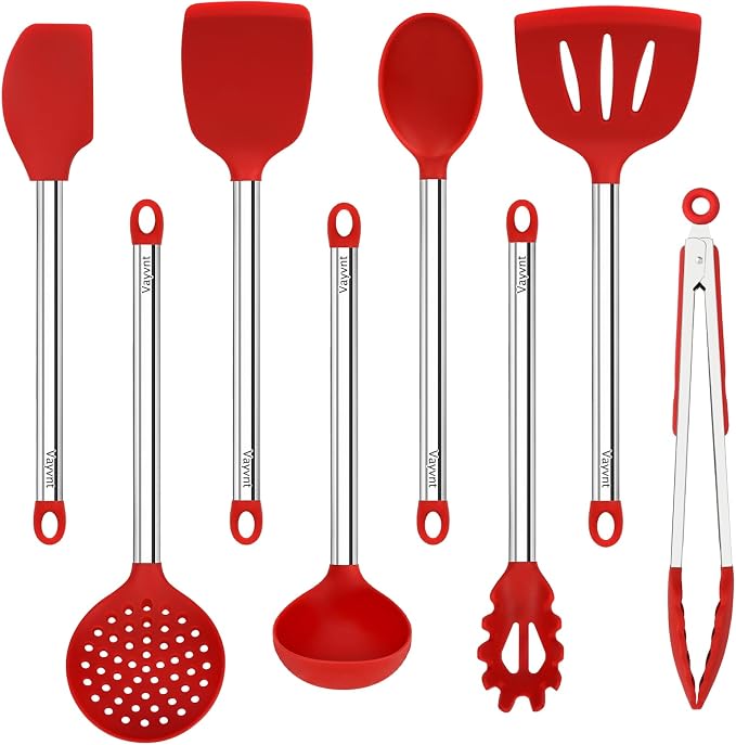 Vayvnt Silicone Utensils Set for Cooking, 8 Pieces for Non Stick Pan, Red | Dishwasher Safe Kitchen Cooking Utensils, Spoons and Tongs, Non-toxic, Plastic-free, Kitchen Essentials for Cooking & Baking