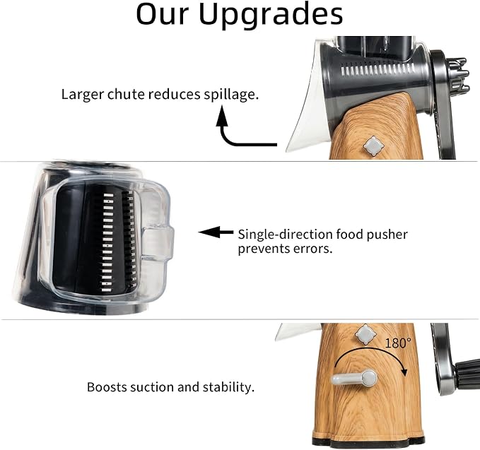 Upgrade Rotary Cheese Grater Shredder with Handle, Strong Suction Base, Multi-purpose Rotary Grater Slicer with 5 Interchangeable Blades for Ice, Vegetables, Fruit, Nuts with Blade Storage Box