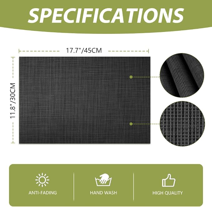 AUAUY Placemats Set of 6 Washable, Non-Slip Heat Resistant Table Mat, Black | 6pcs PVC Vinyl Woven Table Placemats Wipeable for Kitchen Dinning Restaurant, Farmhouse