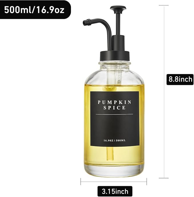 Coffee Syrup Dispenser for Coffee Bar with Black Upgraded Pump, 1 Pack | 16.9 oz 500 ml Syrup Dispensers, Coffee Syrup Pump Dispenser, Glass Syrup Bottle 28 Labels