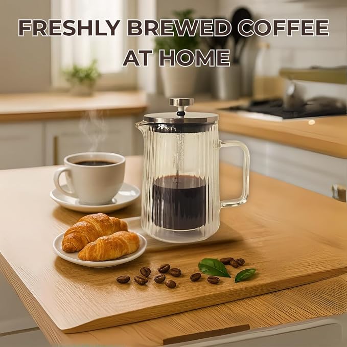 Glass French Press Coffee Maker, Heat Resistant Borosilicate Glass (34oz Ribbed)