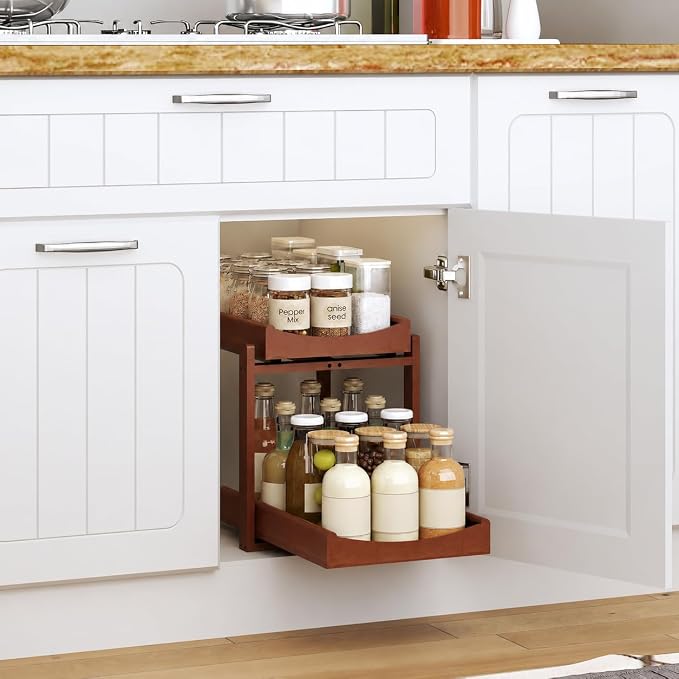 MHXW SXPN Bamboo Under Sink Organizer, 2 Pack Pull Out Cabinet Organizer | 2 Tier Vertical Smooth Slide Out Undersink Storage Shelf | Multi-Purpose Organizer Shelves for Kitchen Bathroom Medicine