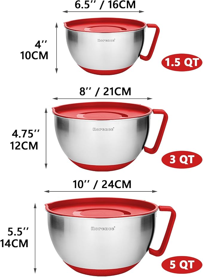 Stainless Steel Mixing Bowls Set with Lids,1.5,3 & 5 Qt,Red | Non-Slip Silicone Base,Precision Pour Spout,Ergonomic Easy-Grip Handle,Measurement Marks,Airtight Lids,Cooking & Meal Prep