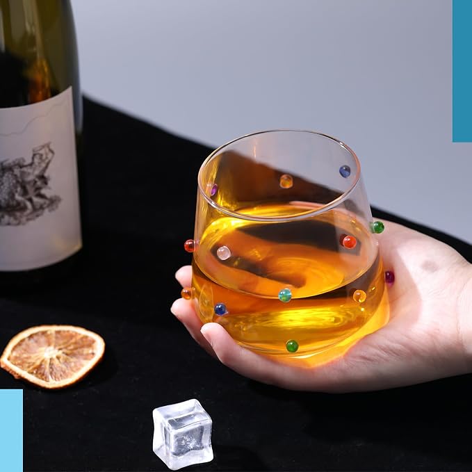 4 Pack 3D Colorful Dots Stemless Wine Glasses Confetti Double Old Fashioned Drinking Glasses 12.5 oz Vibrant Stemless Wine Cups for Whiskey Cocktail Water Juice Summer Party Supplies Gift
