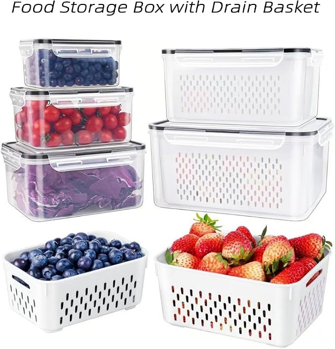 4 in 1 Food Storage Container, Fruit Storage Containers for Fridge, Produce Storage Containers with Lid and Strainer, Including Drain Basket, Multipurpose Large Fruit Containers for Fridge (M-White)