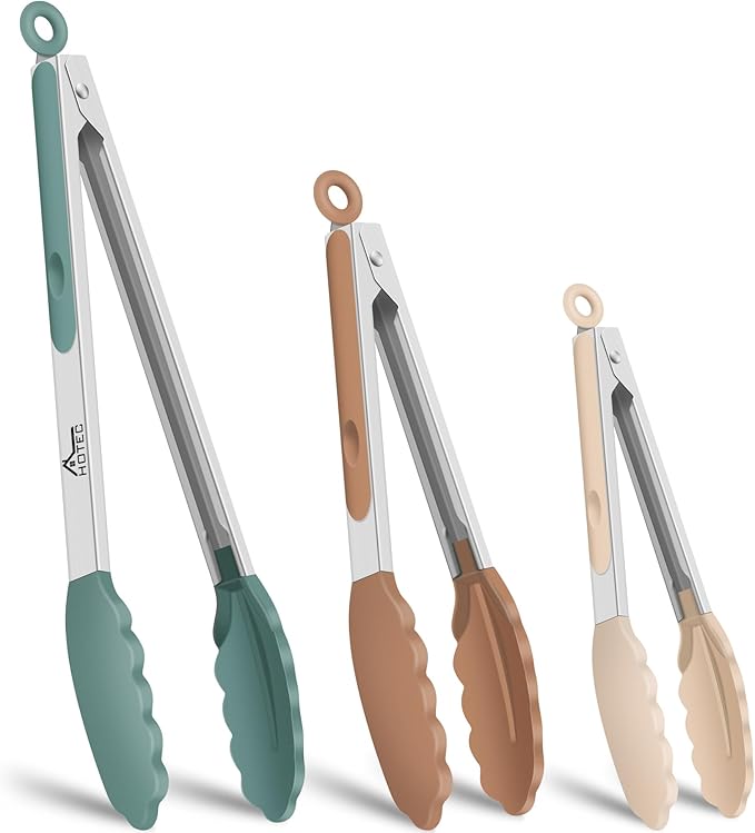 HOTEC Premium Stainless Steel Locking Kitchen Tongs with Silicon Tips, Set of 3-7", 9" and 12" (Neutral Color)