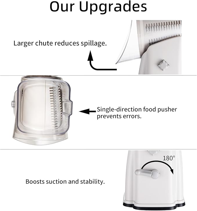 Upgrade Rotary Cheese Grater Shredder with Handle, Strong Suction Base, Multi-purpose Rotary Grater Slicer with 5 Interchangeable Blades for Ice, Vegetables, Fruit, Nuts with Blade Storage Box