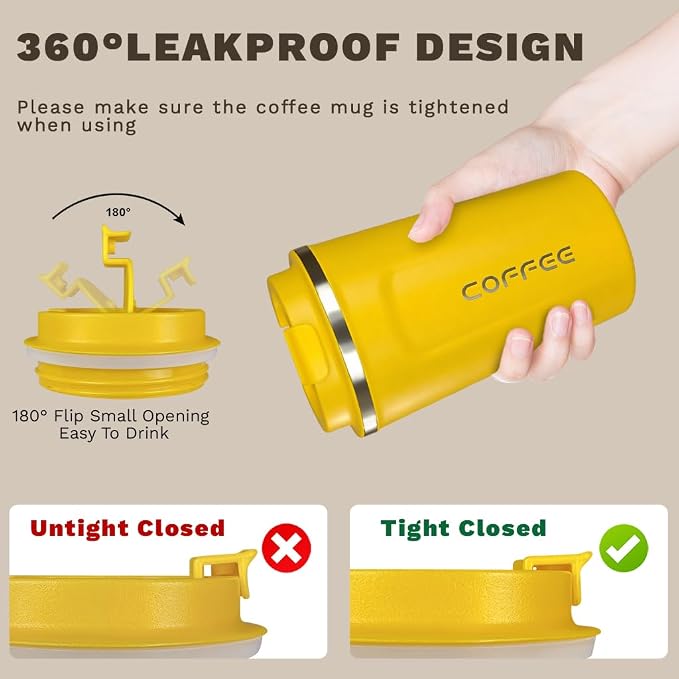 SPLMIFA Travel coffee mugs leak-proof, reusable coffee cup with lid, stainless steel vacuum insulated coffee tumblers, thermal insulation cups for men & women keep drinks hot & cold (2nd-Yellow, 17OZ)