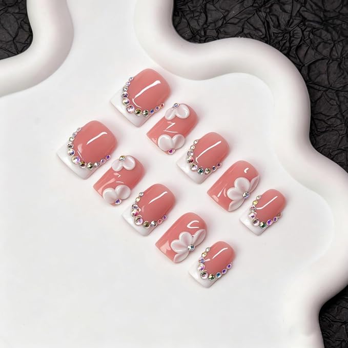 Rhinestone Handmade Press on Nails White French Tip Short Square Fake Nails with 3D Flower & Rhinestone Charms Designs Elegant Nude Pink Glossy Thick Acrylic Nail Stick on Nails for Women (S)