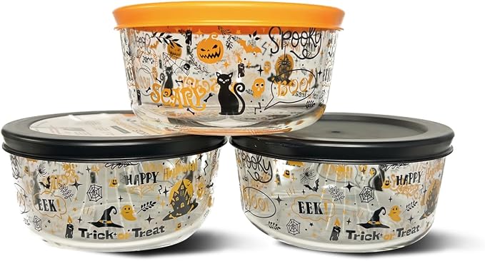 Halloween Glass Food Storage Containers with Lids | Set of 6 (3 Containers + 3 Lids) 2-Cup | Spooky Design, BPA-Free, Microwave & Dishwasher Safe|Perfect for Meal Prep, Snacks & Leftovers