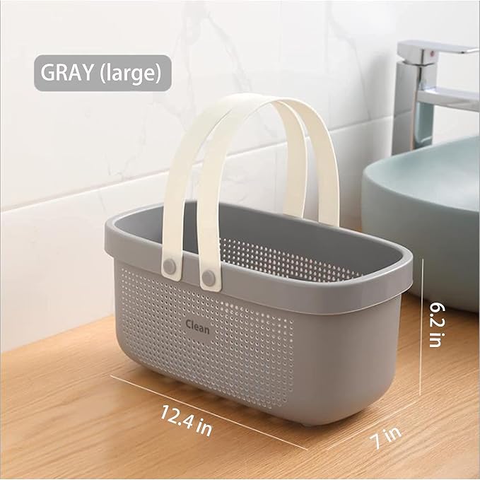 JiatuA Plastic Storage Basket with Handle Portable Shower Caddy Tote Organizer Basket Bin for Bathroom Kitchen Dorm Room Bedroom, Gray | Sturdy Drainage Large Capacity Organizer Basket with Silicone Handles for Bathroom Kitchen Bedroom College Dorm Ess...