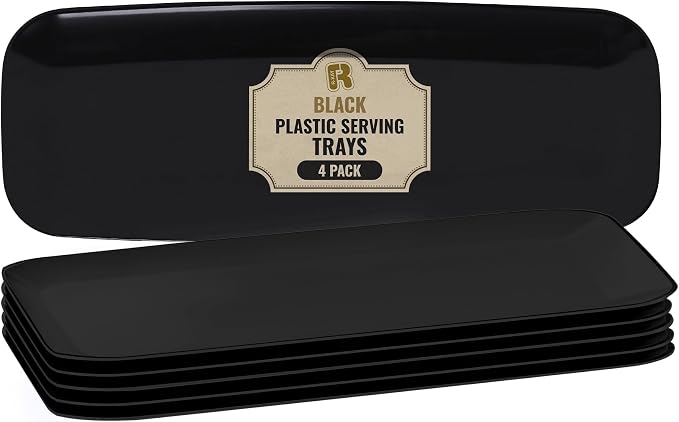 R-kay 4 Pack Plastic Serving Trays for Party - Black Serving Tray 17 by 6.5 in - Heavy Duty Dessert Trays for Food - Rectangular Party Serving Trays - Premium Party Trays - Black Platters