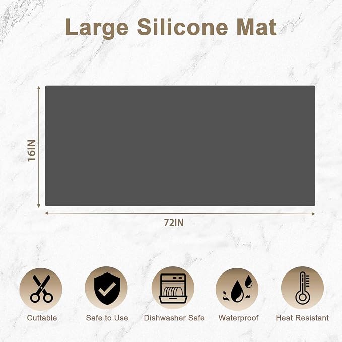 72''x16'' Large Silicone Mat for Kitchen Counter, Non-Slip Heat Resistant Countertop Protector, Waterproof Multipurpose Mat for Kitchen Island, Light Gray