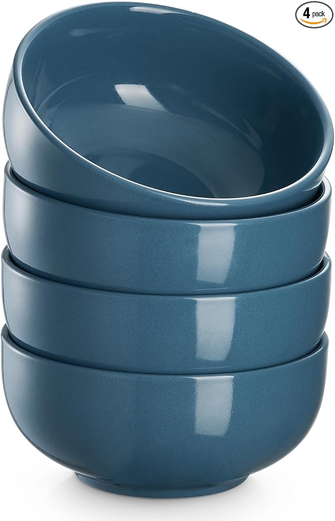 DOWAN 22 OZ Ceramic Soup Bowls & Cereal Bowls - 6" Classic Bowls Set of 4 for Soup, Cereal, Oatmeal, Fruit, Rice - Dishwasher & Microwave Safe (Airy Blue)