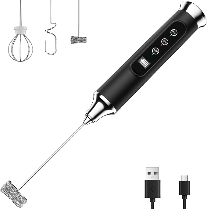 YUSWKO Milk Frother Wand for Coffee, Coffee Frother Handheld Drink Mixer | Rechargeable Mixer Wand, Waterproof Electric Whisk for Protein Powder, Lattes, Cappuccino, 3 Variable Speeds 3 Whisks, Black