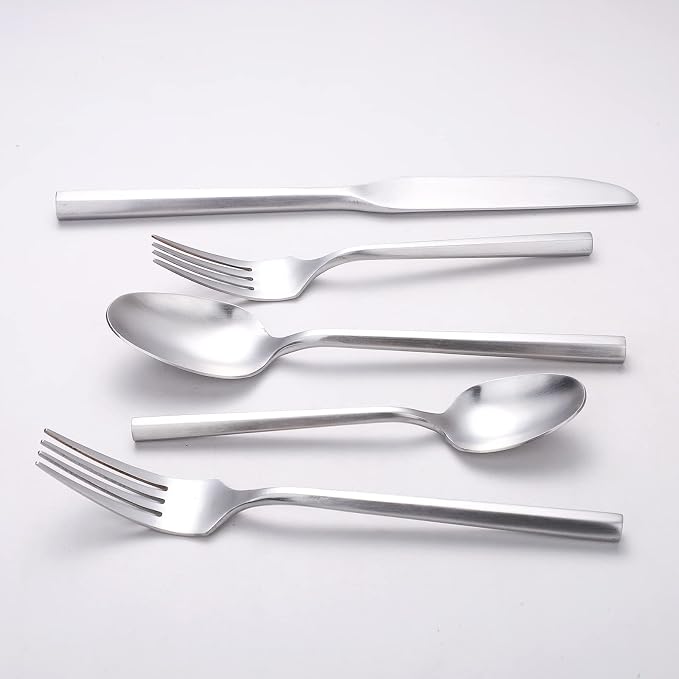 Matte Silverware Set Silver Flatware Set with Hexagon Handle 20 Pieces 18/0 Stainless Steel Cutlery Set Wedding Housewarming Gift Service for 4 (Matt silver)