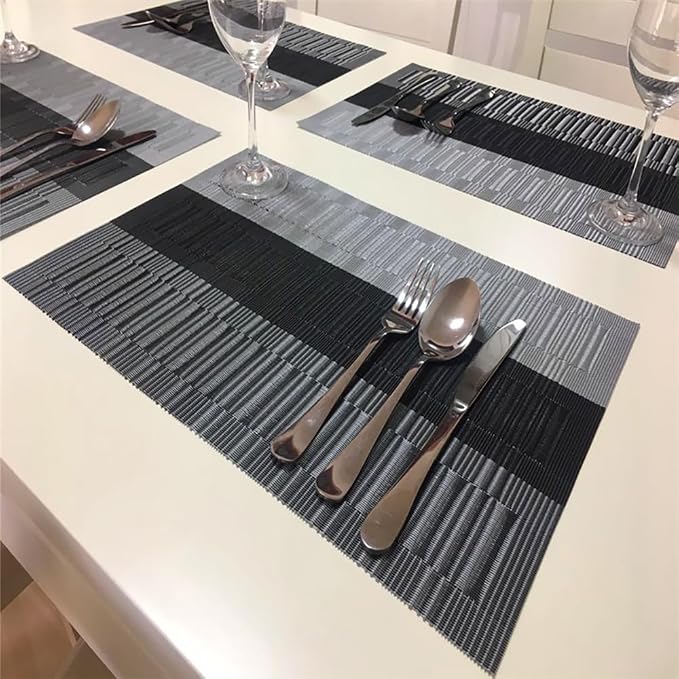 PIGCHCY Placemats,Washable Durable Woven Vinyl Placemats for Dining Table,Easy to Clean Plastic Placemats Set of 6 (Black)