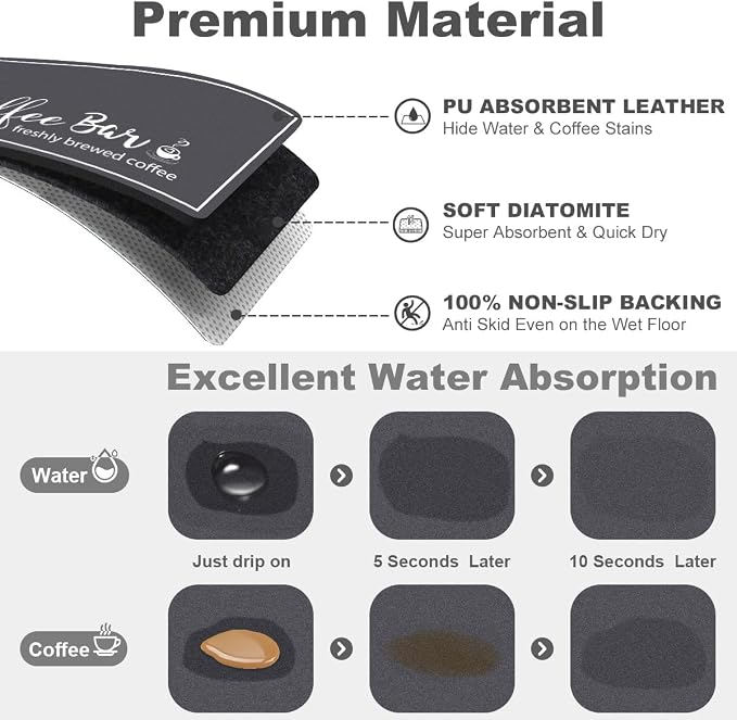 Findosom Dish Drying Mat, 17"x 32" Super Absorbent & Hide Stain Coffee Mat, Cuttable Drying Mat for Kitchen Counter, Coffee Bar Accessories, Under Dish Rack, Coffee Maker, Espresso Machine, DarkGrey